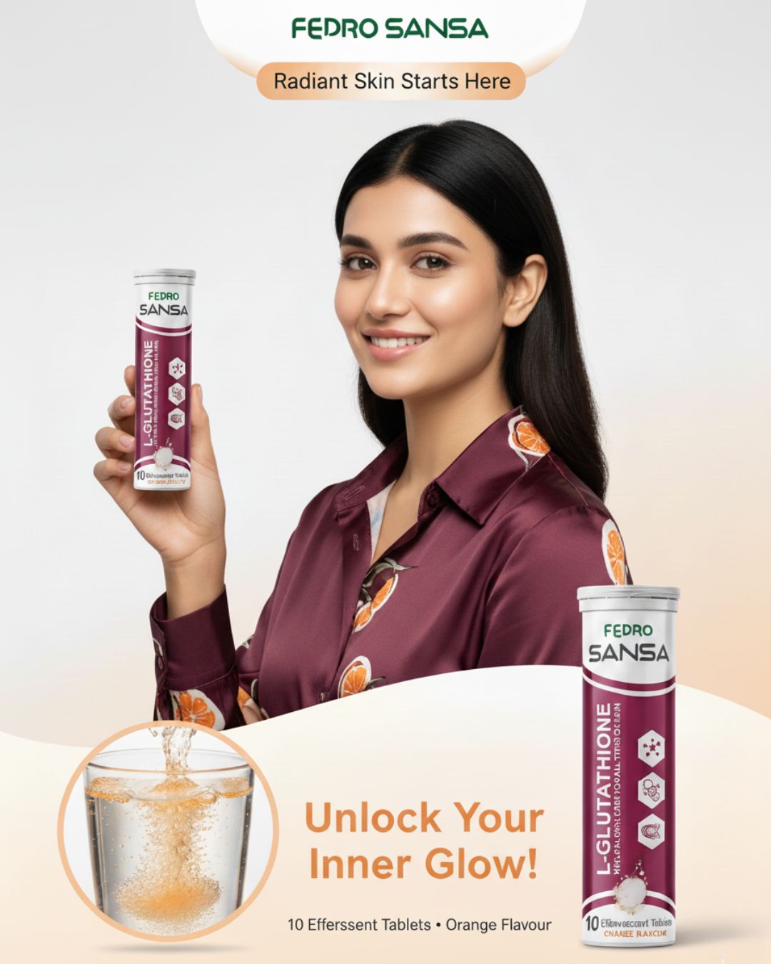 SANSA L-Glutathione Effervescent
Tablets - Skin Whitening,
Brightening & Daily Glow Drink (Orange Flavour)