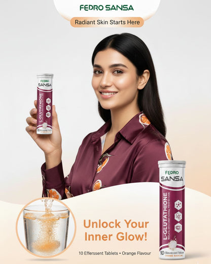 SANSA L-Glutathione Effervescent
Tablets - Skin Whitening,
Brightening & Daily Glow Drink (Orange Flavour)